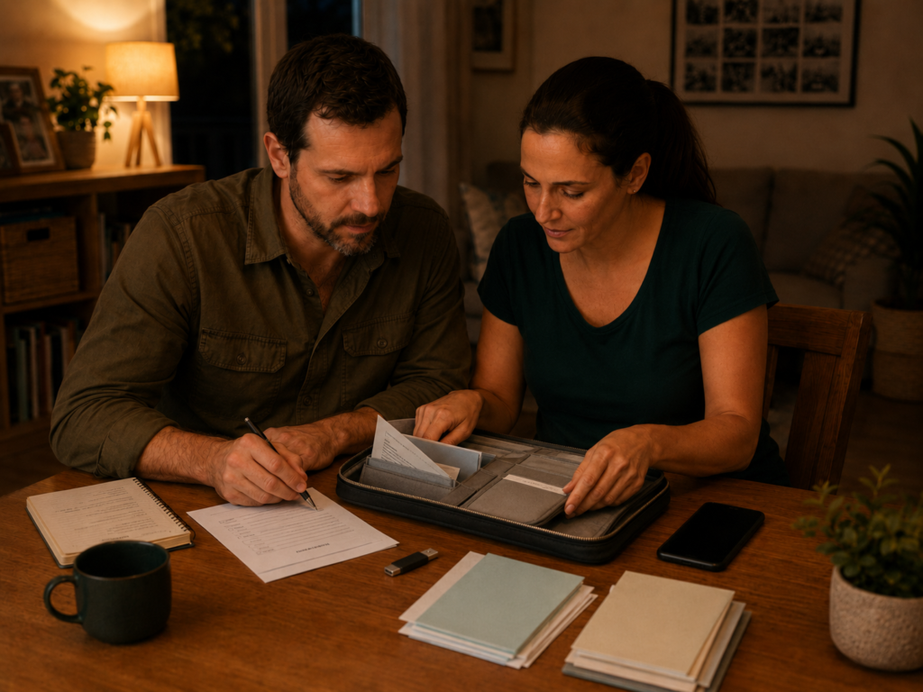 Couple regroupant calmement les documents essentiels du foyer pour une préparation 72h à domicile.