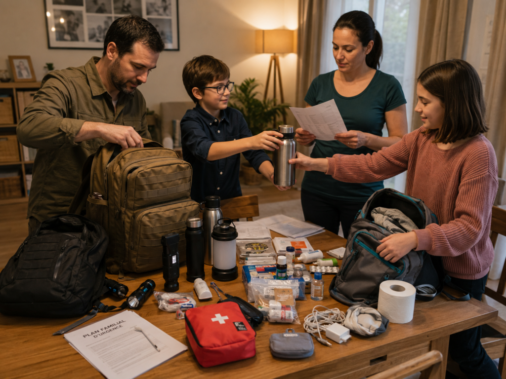 Préparation 72h organisée avec sac discret, carnet et objets essentiels pour le foyer