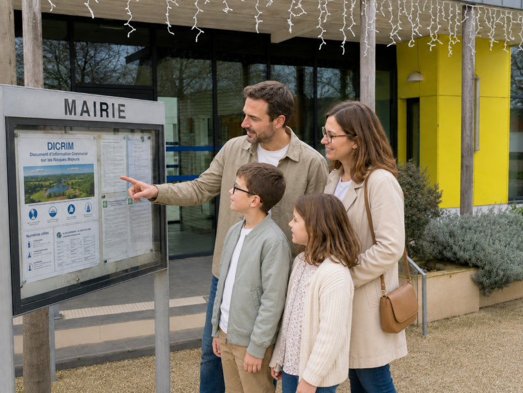 Famille consultant calmement les risques de sa commune pour mieux comprendre la culture du risque et préparer son foyer.