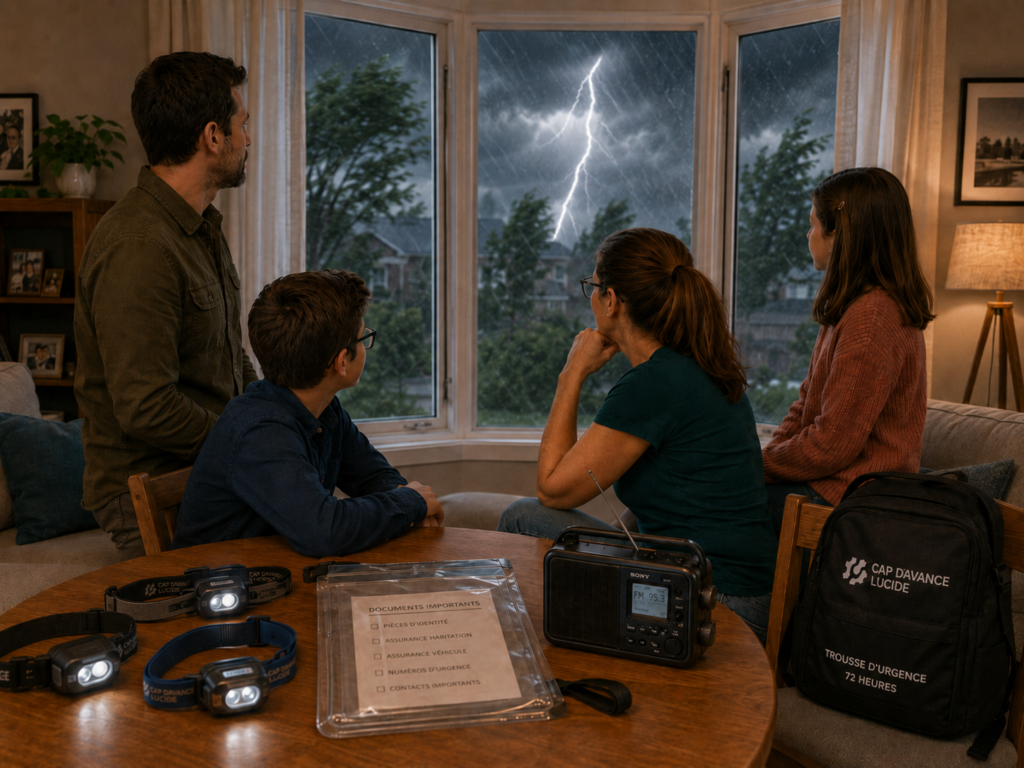 Famille organisée à la maison face à une météo dégradée avec lampe, radio et documents essentiels.