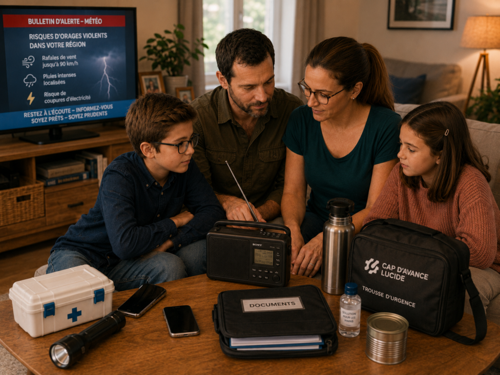 Famille organisée autour d’une table avec lampe, eau, radio et documents pour faire face à une rupture temporaire de normalité.