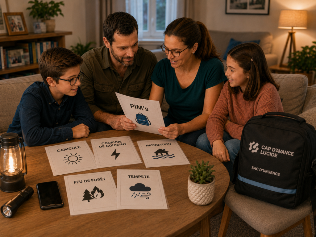 Famille organisant une préparation multirisque avec eau, radio, lampe, documents et informations sur les risques locaux.