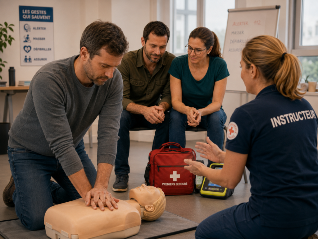 Citoyen apprenant le massage cardiaque lors d’une formation aux premiers secours PSC ou SST.