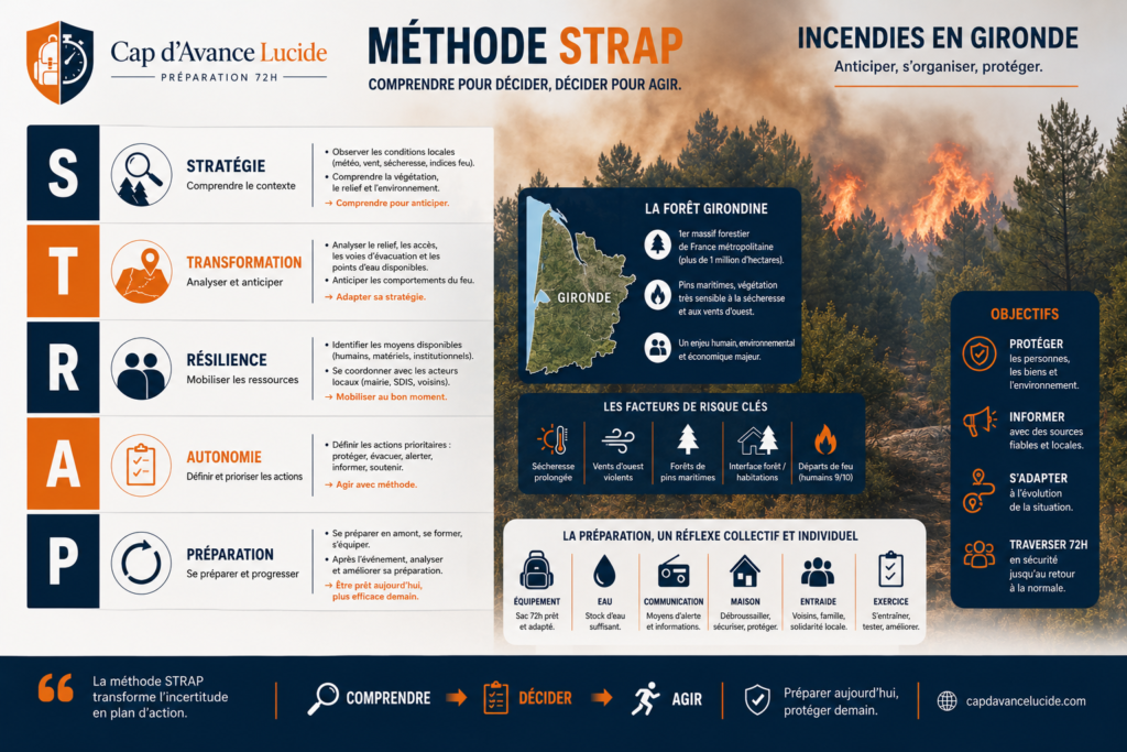 Illustration de la méthode STRAP appliquée à un feu de forêt en Gironde. Un foyer prépare calmement les médicaments, ordonnances, documents importants, téléphones et affaires essentielles. Le véhicule reste accessible devant un portail ouvert afin de permettre un départ organisé et de ne pas gêner l’accès des secours.