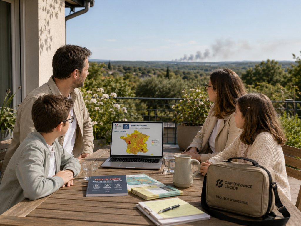 Famille consultant une information de prévention pour transformer la préparation 72h en gestes concrets dans le foyer.