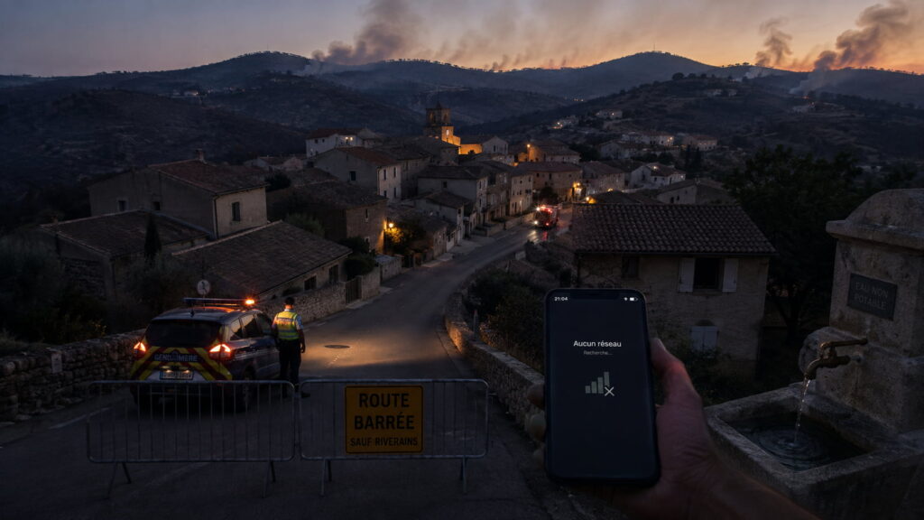 Village de Correns dans le Var confronté à un incendie, des routes coupées et des perturbations des réseaux essentiels.