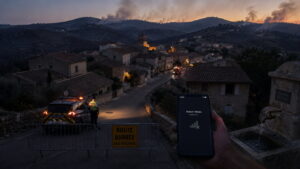Village de Correns dans le Var confronté à un incendie, des routes coupées et des perturbations des réseaux essentiels.