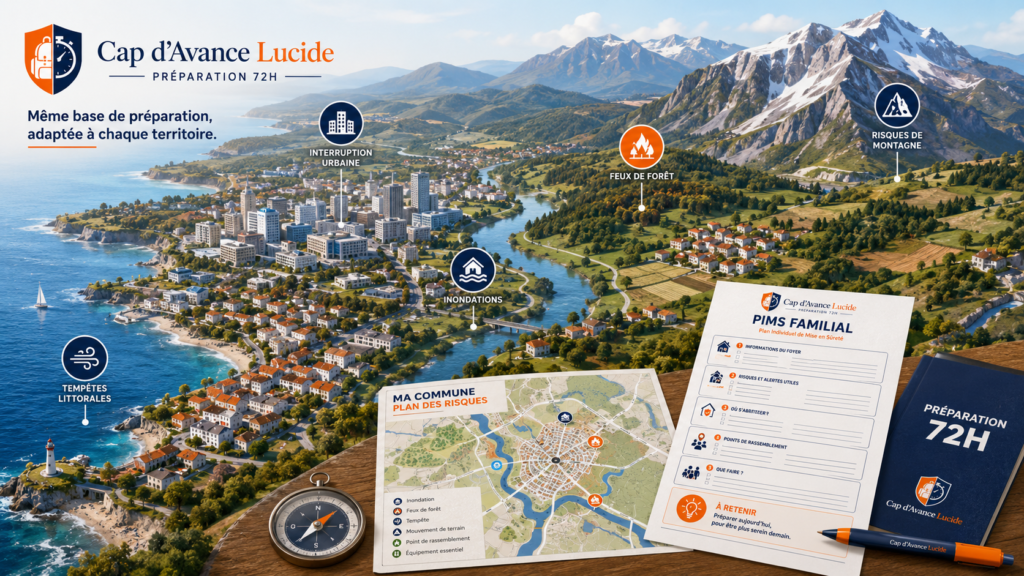 Carte d’un territoire illustrant différents risques locaux pour adapter la préparation 72h d’un foyer.
