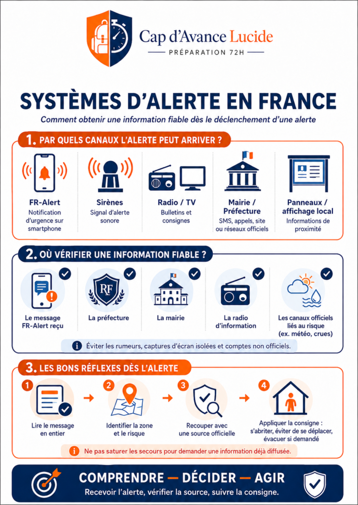 FR-Alert, sirènes, radio et publications institutionnelles jouent des rôles complémentaires : recevoir l’alerte, comprendre la consigne et suivre son évolution.