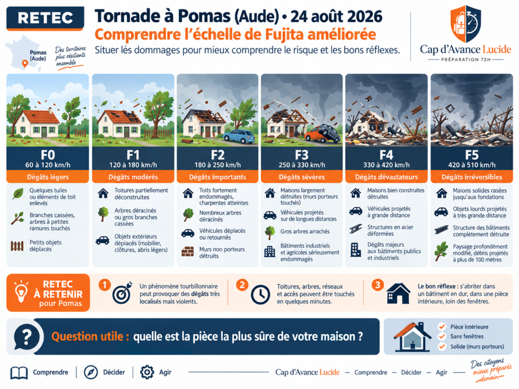 Tornade à proximité d’un village français illustrant la mise à l’abri dans un bâtiment en dur.