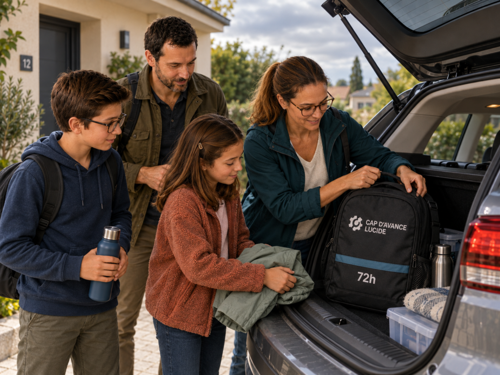 Famille préparant une évacuation en voiture avec un sac 72h avant de rejoindre un centre d’accueil.