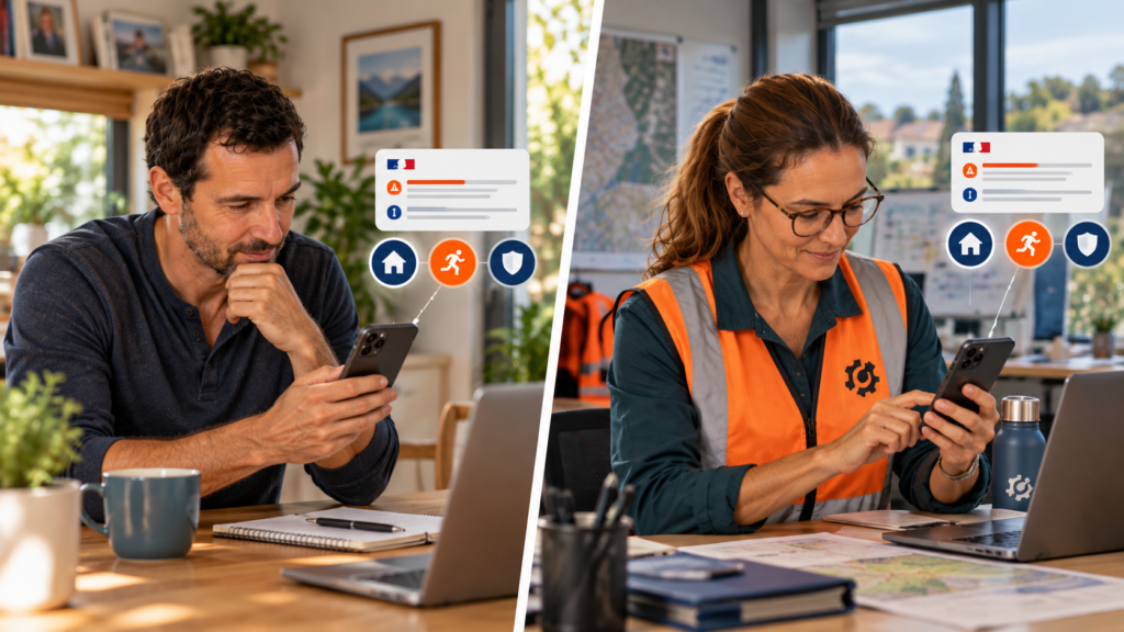 Personne comparant les options rester, partir ou se mettre à l’abri lors d’une crise au domicile ou au travail.