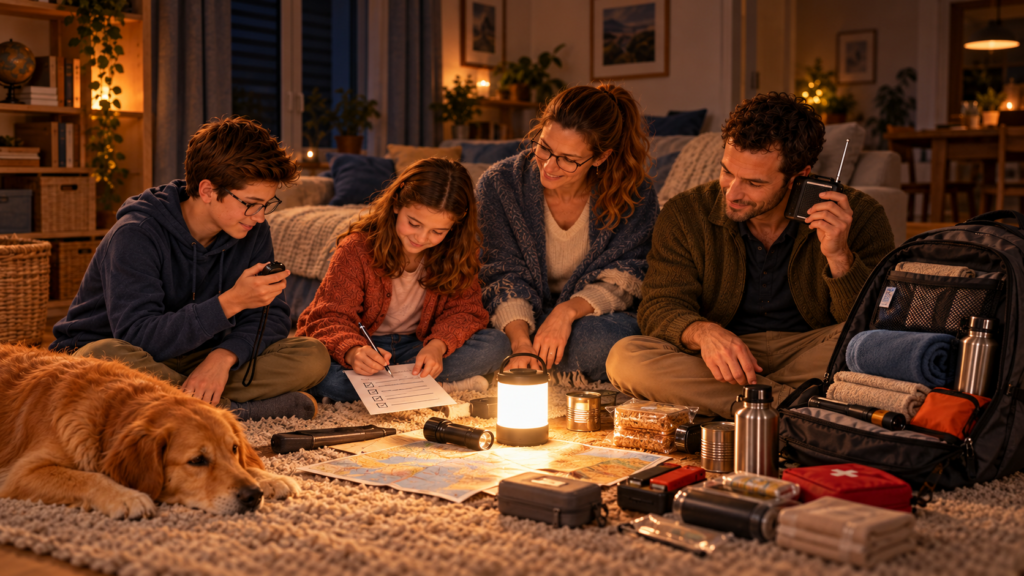 Famille faisant un exercice de soirée sans courant avec lampe, radio à piles et liste à cocher